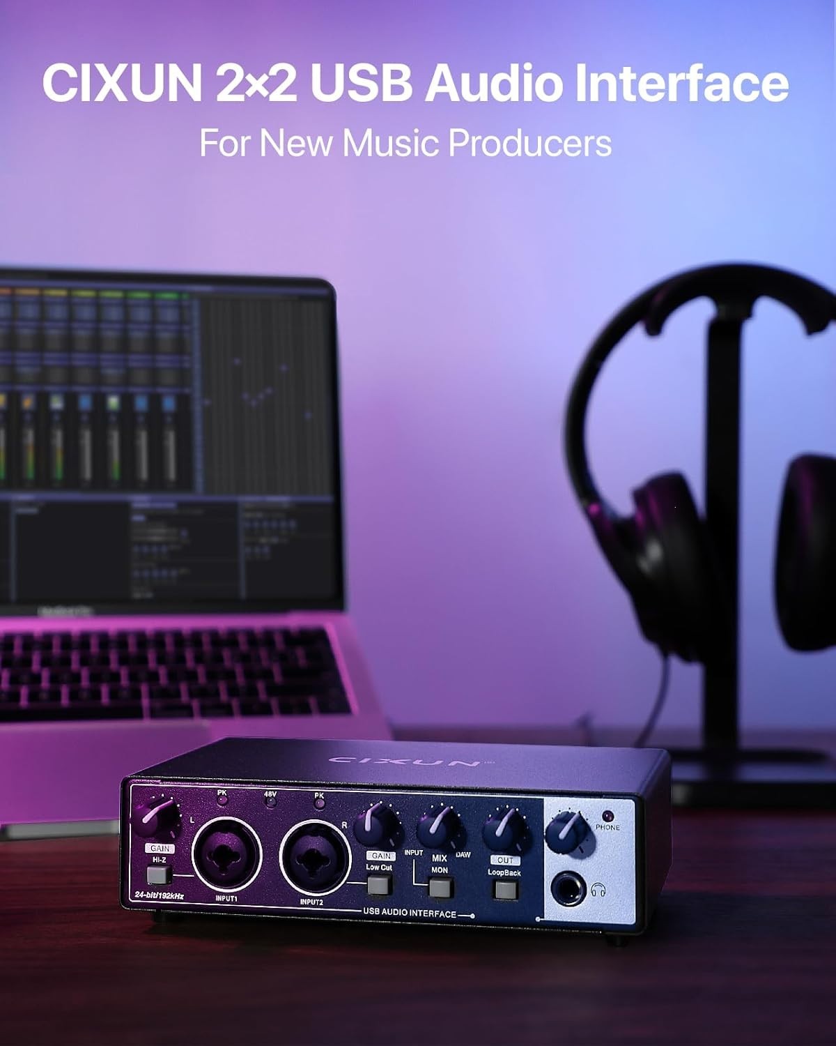 2x2 USB-C Audio Interface for PC/Mac Recording, 24-bit/192kHz Dual TS/XLR Inputs