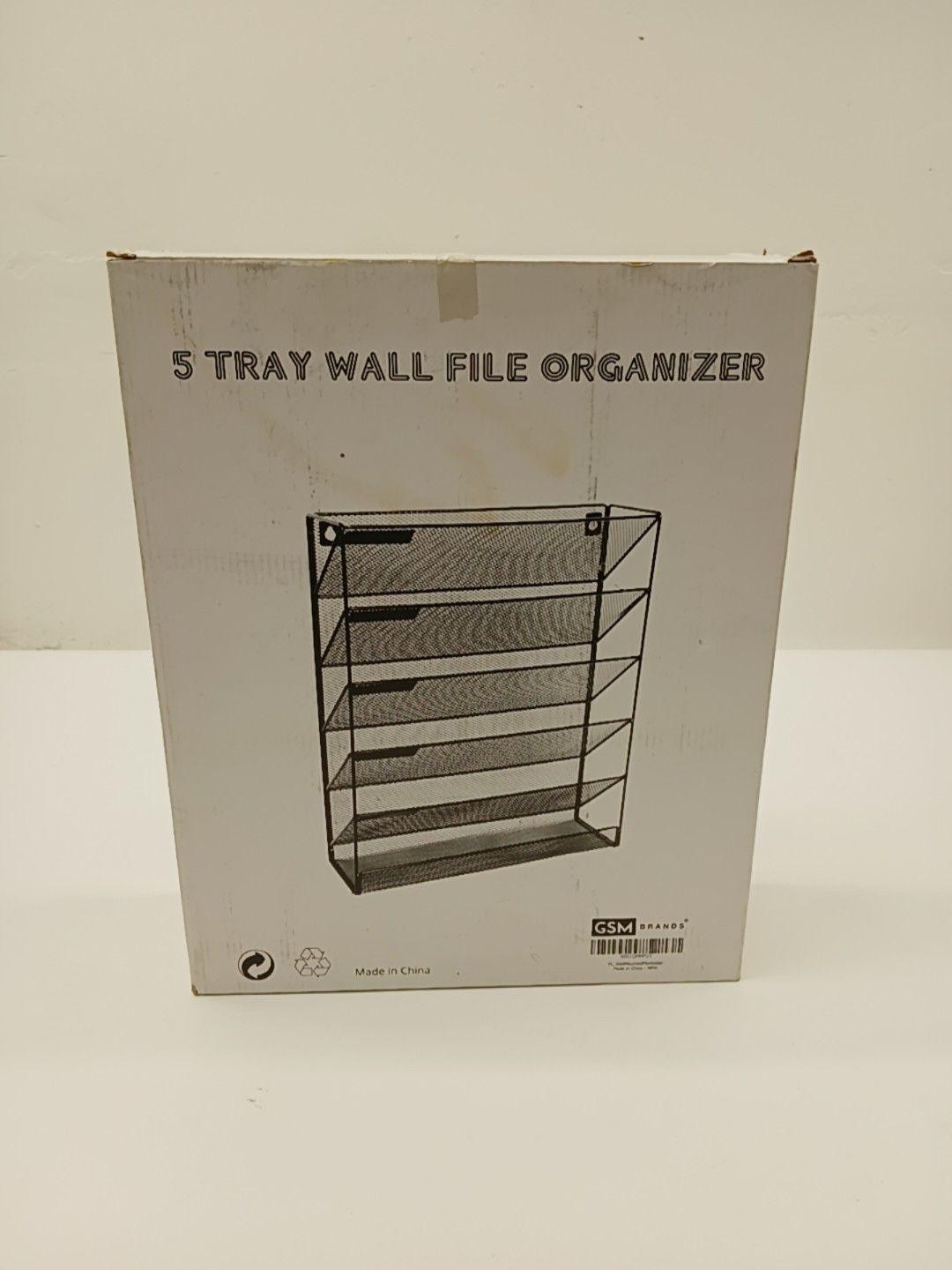 GSM Brands 5 Tray Wall File Organizer Black Steel Hanging File Frame Office New