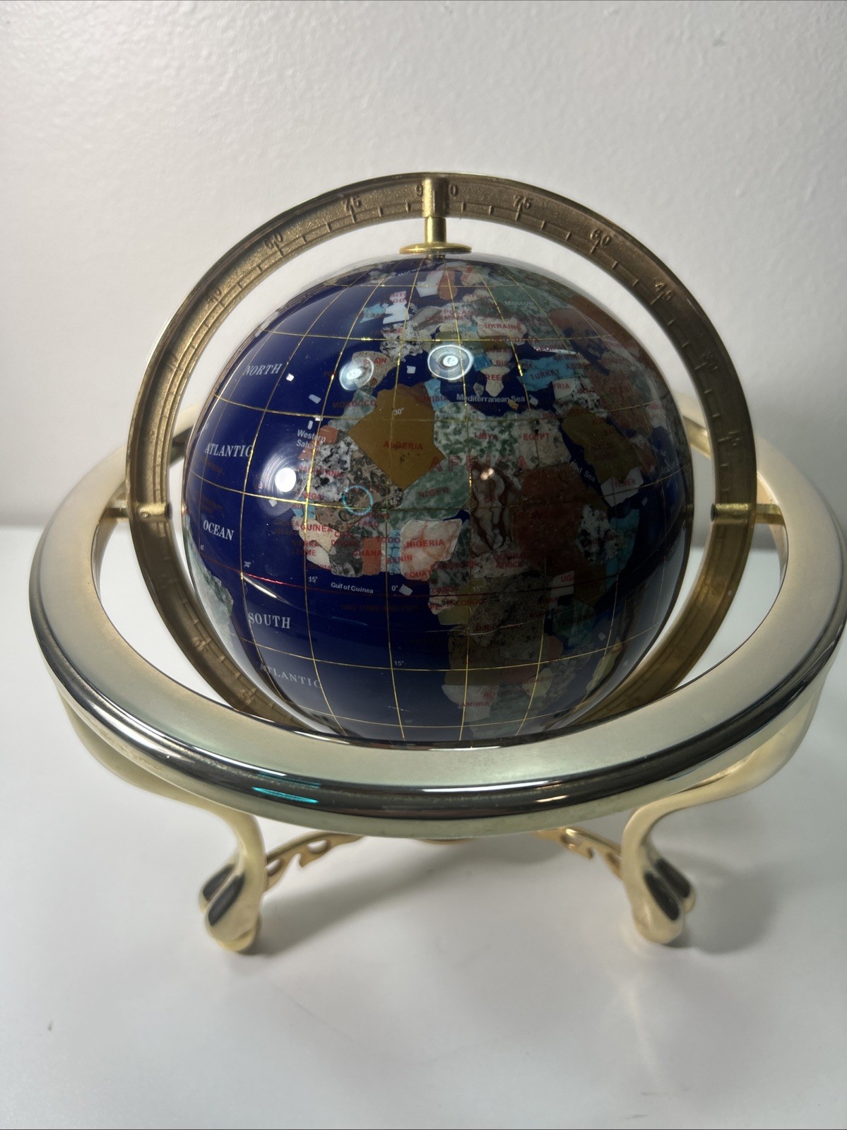 Globe Blue Ocean Gold Tone 3 Leg Table Stand Gen MOP World Map GEM STONE