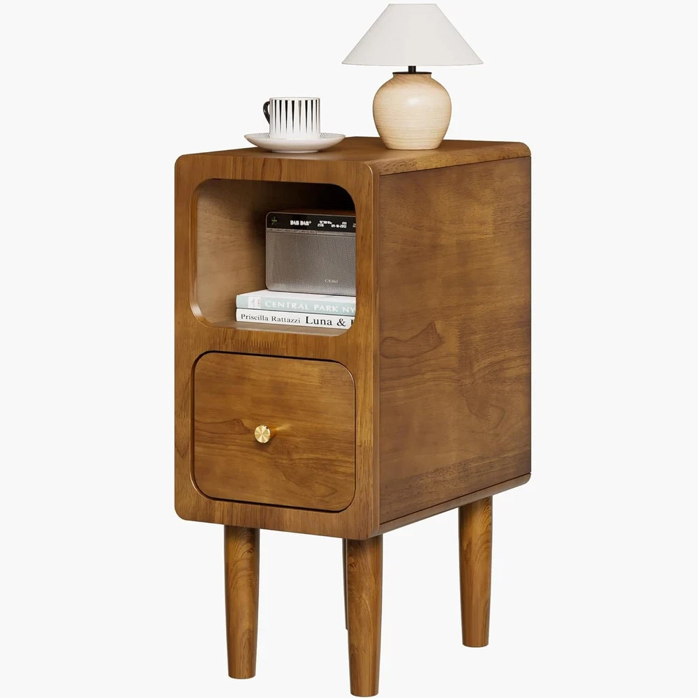 Mid Century Walnut Nightstand with Drawers & Open Shelf - 10 Inch Design
