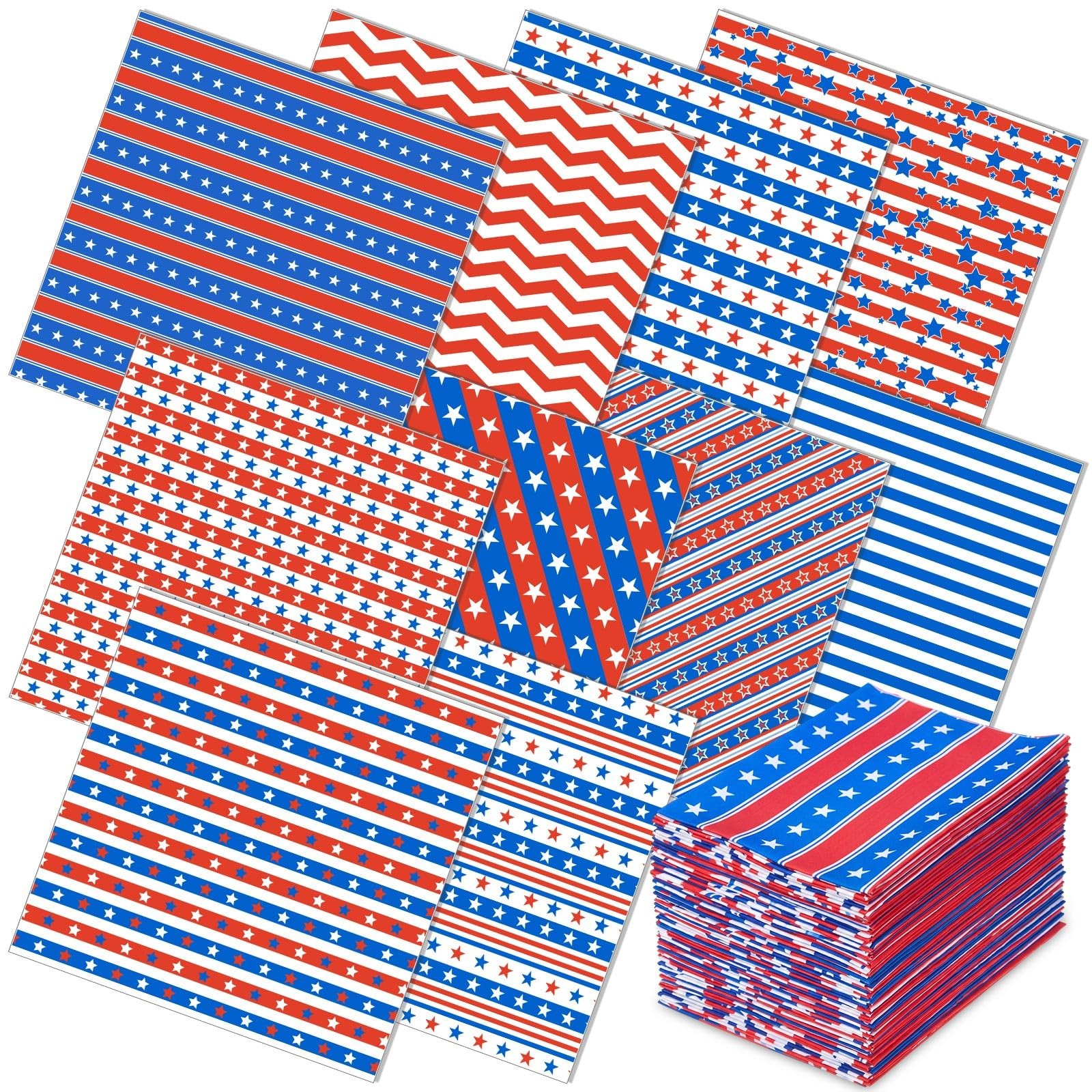 10 Pcs 4th of July Fabric Bundles, 20 x 20 Inch Patriotic Red White Blue Stripe