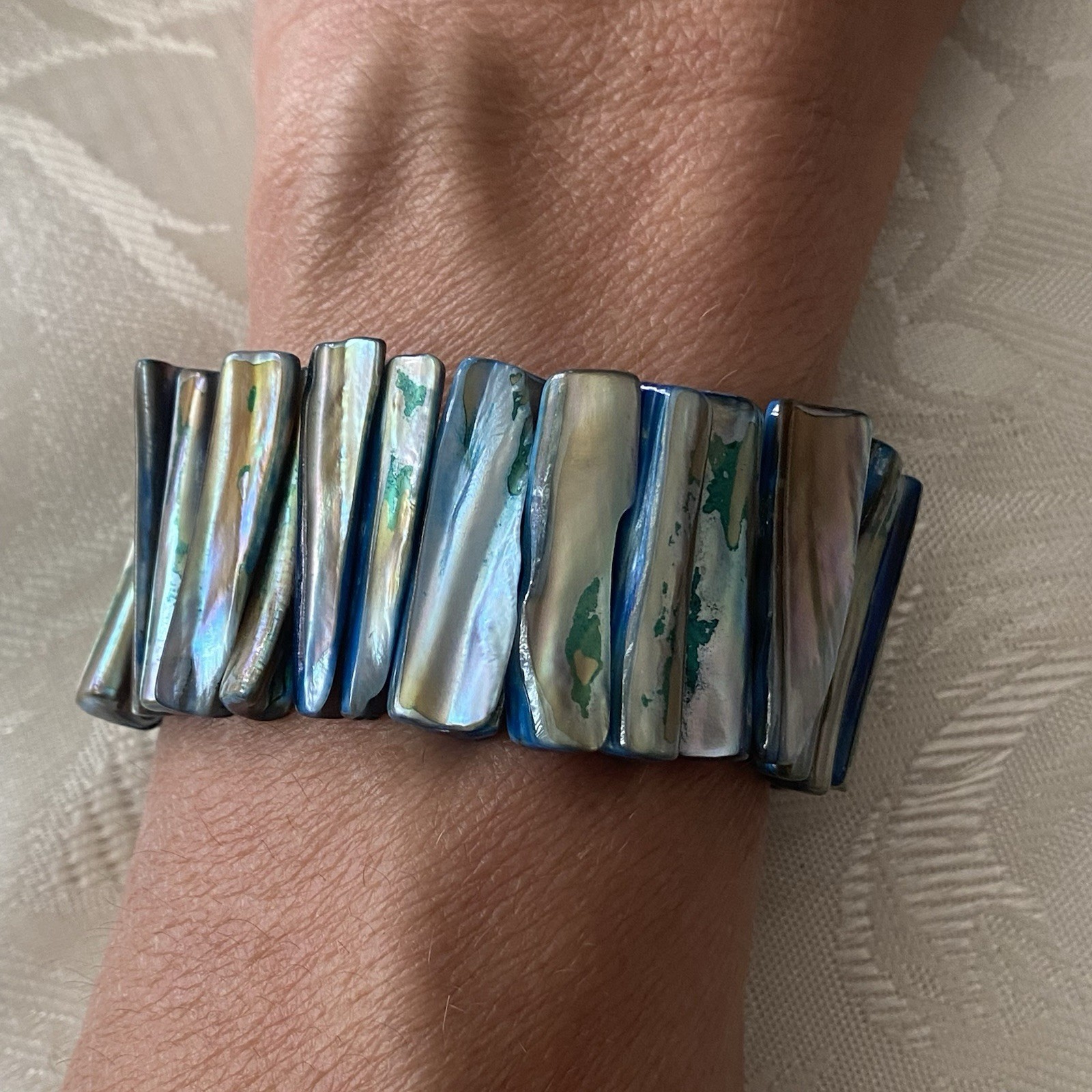 Blue Abalone Shell Stretch Bracelet 7” To 10” Long x 1” Vertical Pieces Beach