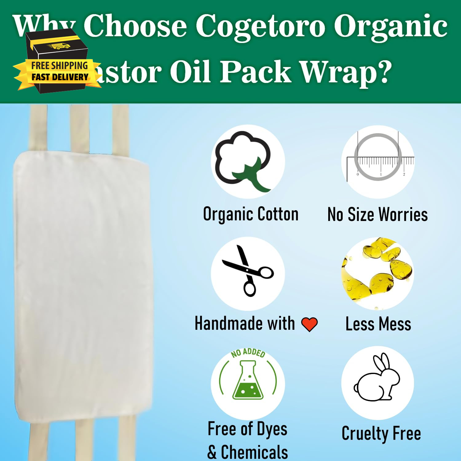 Castor Oil Pack Wrap Organic Cotton for Liver Detox, Stomach, Belly, Reusable Ca