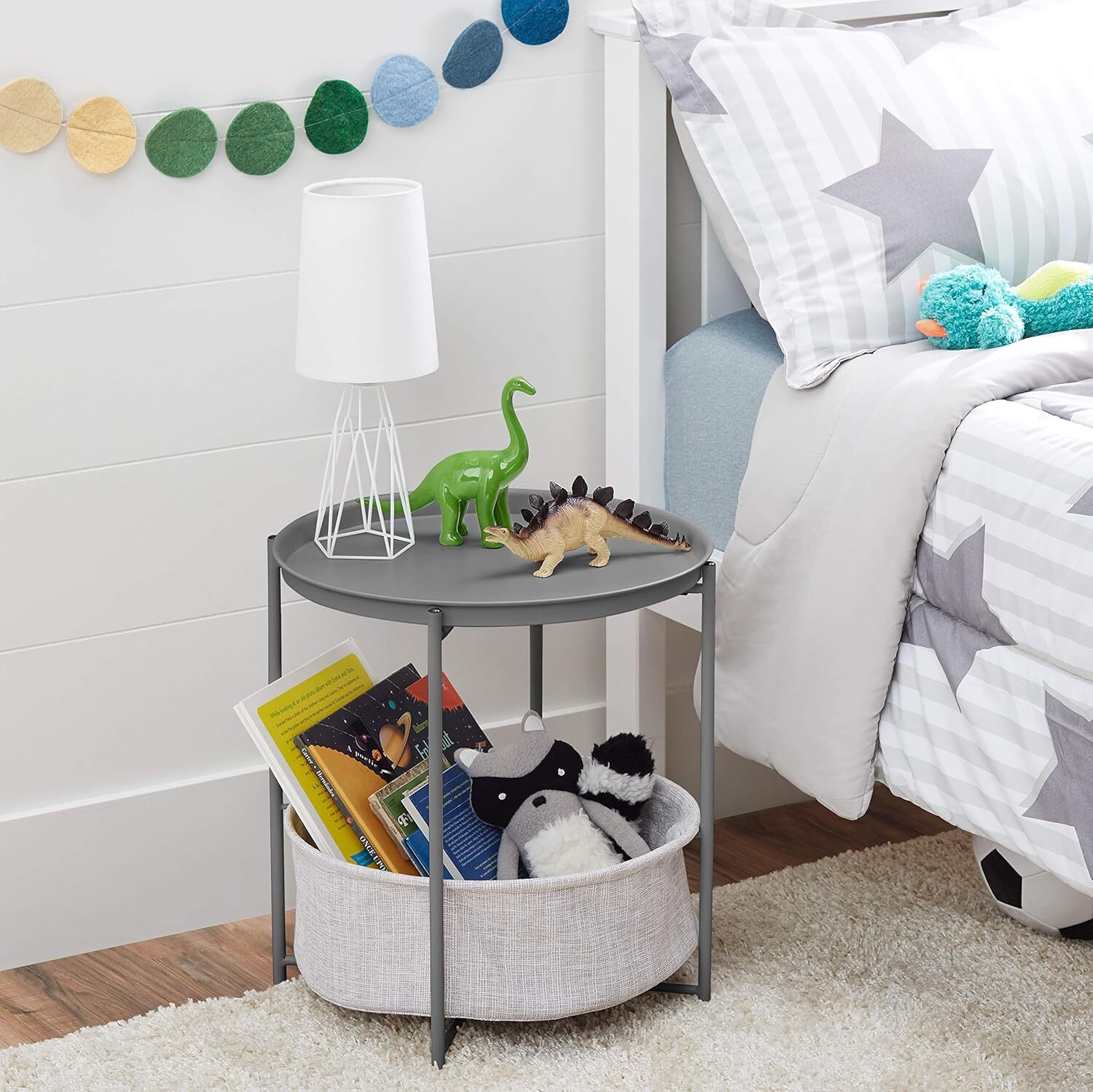 Round Storage Table Side Table with Fabric Basket, Charcoal/Lime