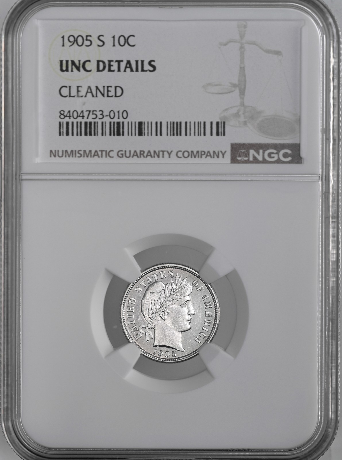 1905-S 10C BARBER SILVER DIME SAN FRANCISCO NGC UNC DETAILS CLEANED #8404753-010