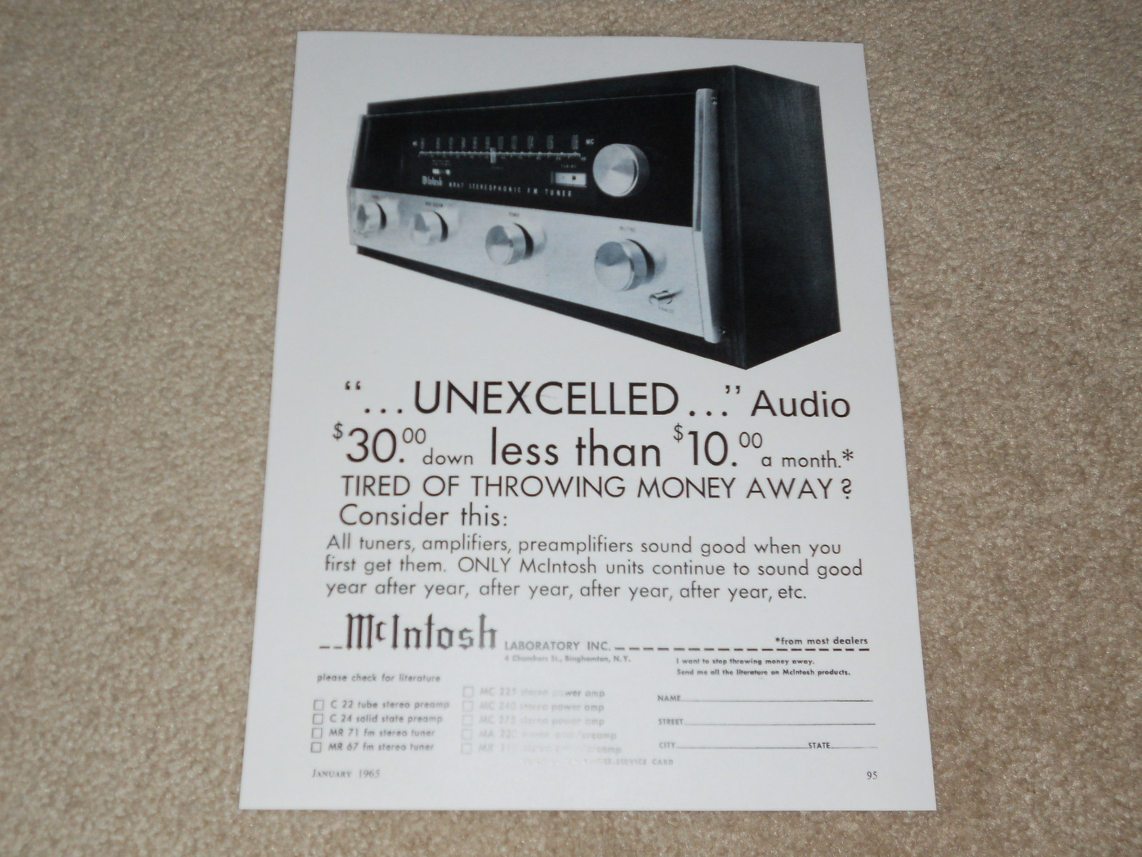 McIntosh MR 67 Tube Tuner Ad, 1965, 1 page, Frame it! Beautiful Tube Ad!