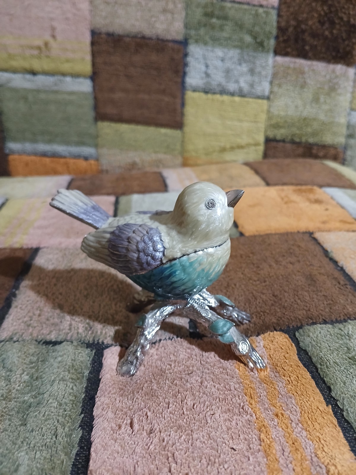 Enameled Metal Bird Trinket Box Bejeweled Rhinestones