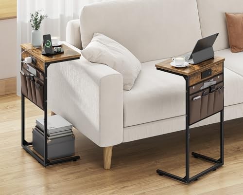 C Shaped End Table with Charging Station, 28" Tall Side Table for Couch, Sofa