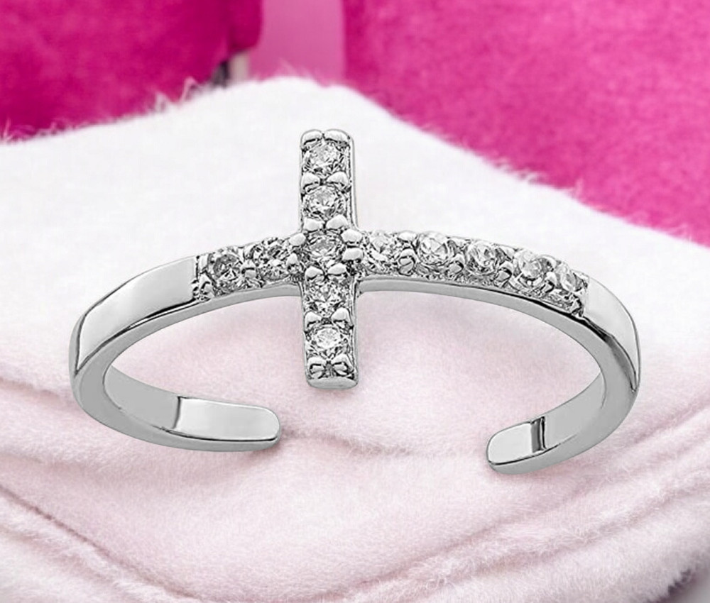 Sterling Silver 8mm CZ Simulated Diamond Sideways Cross Adjustable Toe Ring for