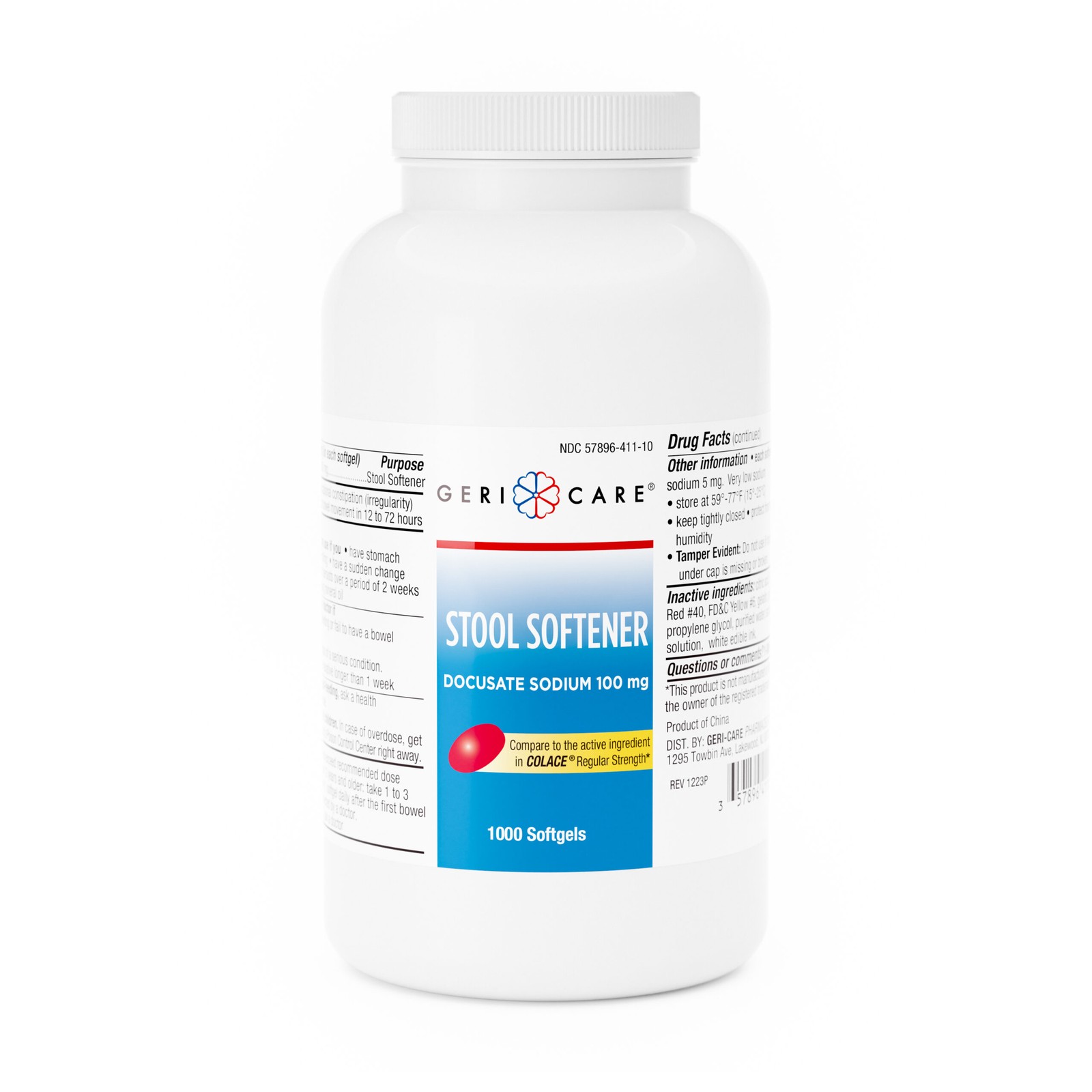 Gericare Docusate Sodium 100mg Softgel Stool Softener Stimulant Laxative 1000ct