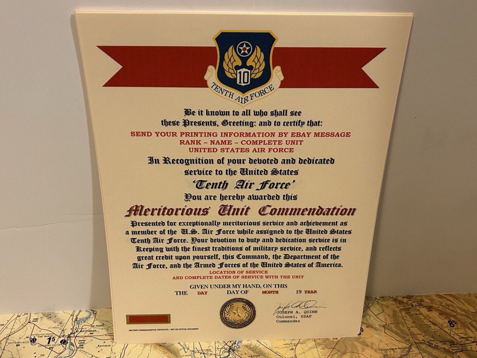 U.S. AIR FORCE / 10TH AIR FORCE - MERITORIOUS UNIT COMMENDATION CERTIFICATE