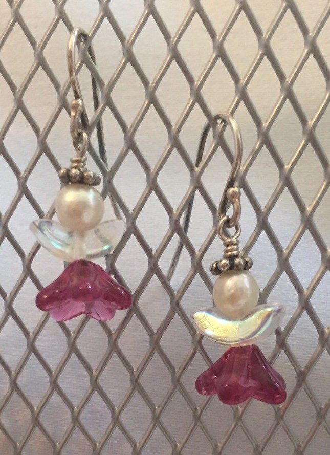 Handmade Sterling Silver angel earrings pearl & glass with magenta skirt