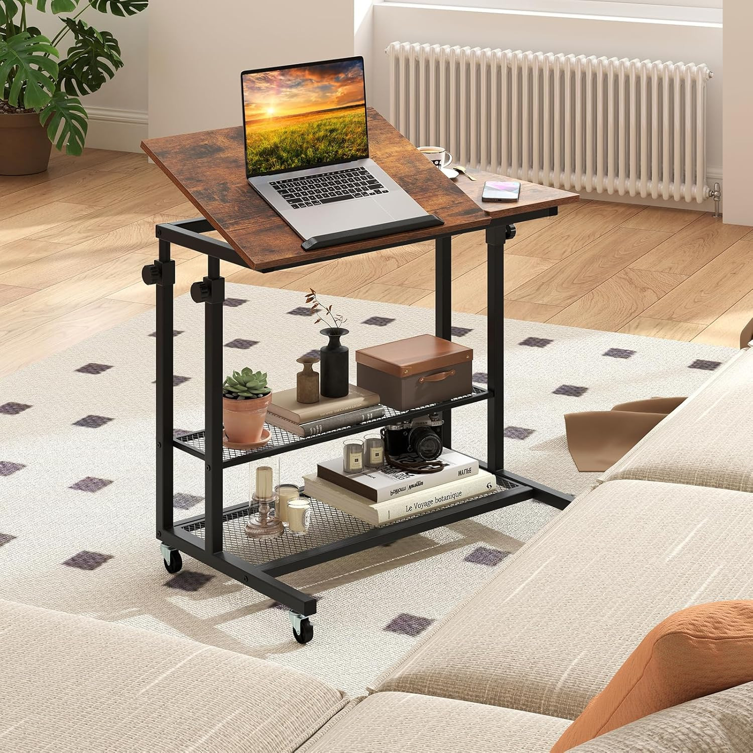 Mobile Standing Desk, Adjustable Rolling Computer Desk W/Tilting Desktop & Stora