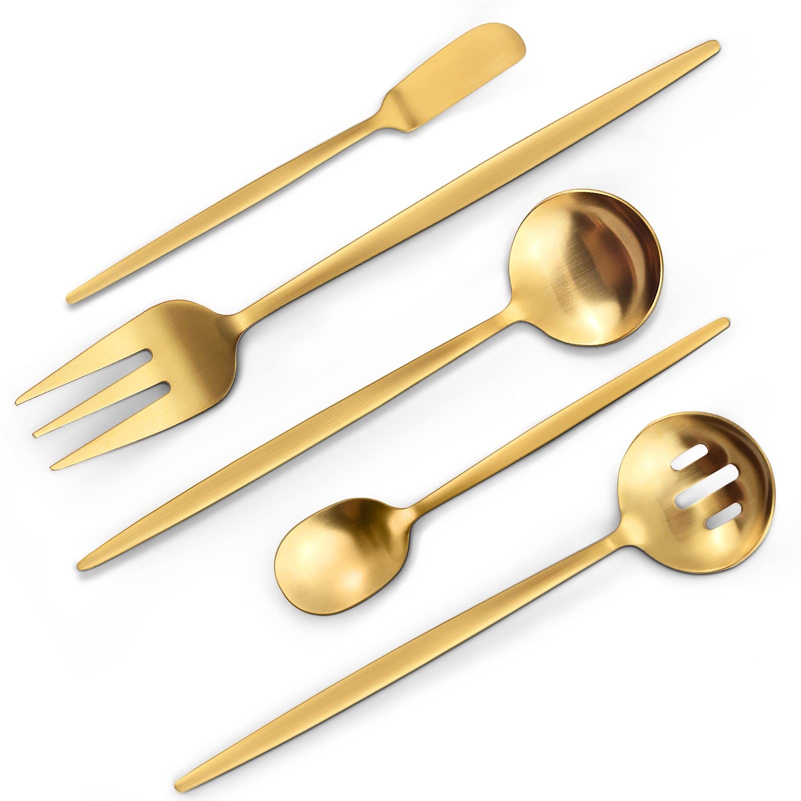 VANVRO Matte Gold Serving Silverware Set, 5-Piece Round Shared Utensils Set o...