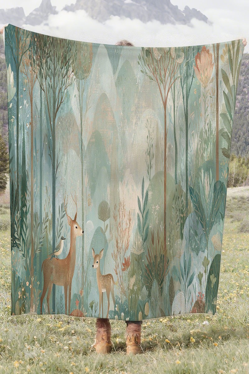 Forest Deer Floral Coral Fleece Cozy Throw Blanket Farmhouse Elegant