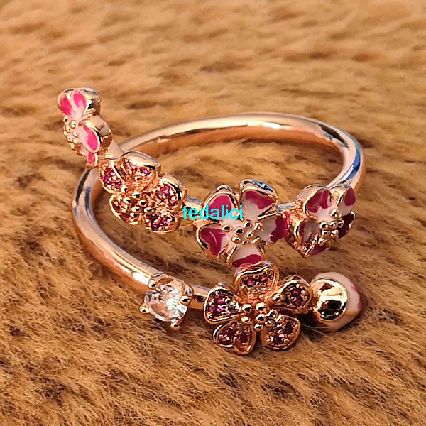NEW 100% Rose Plated Pink Peach Blossom Flower Branch Open Ring Enamel Pearl