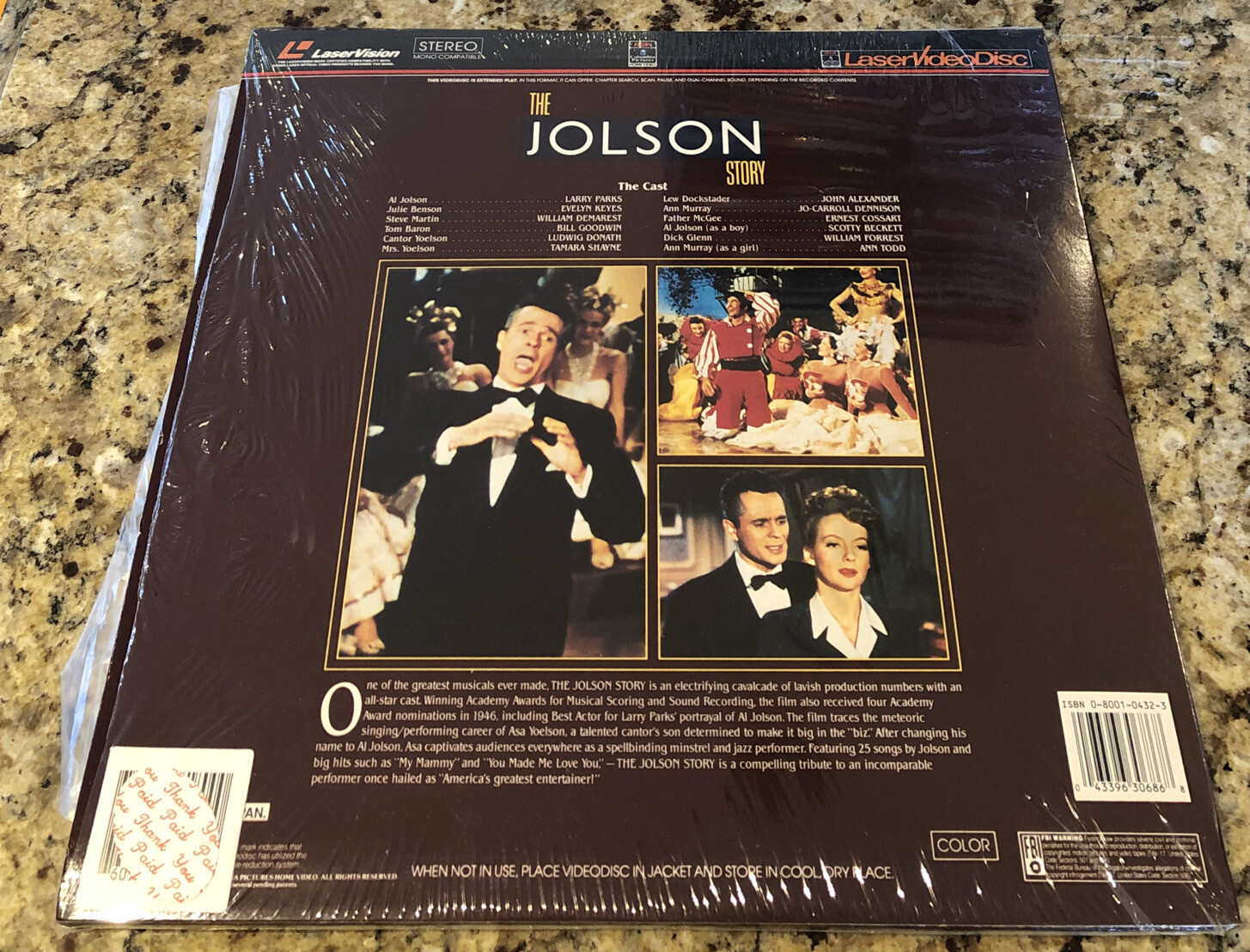 THE JOLSON STORY Laserdisc. Excellent!
