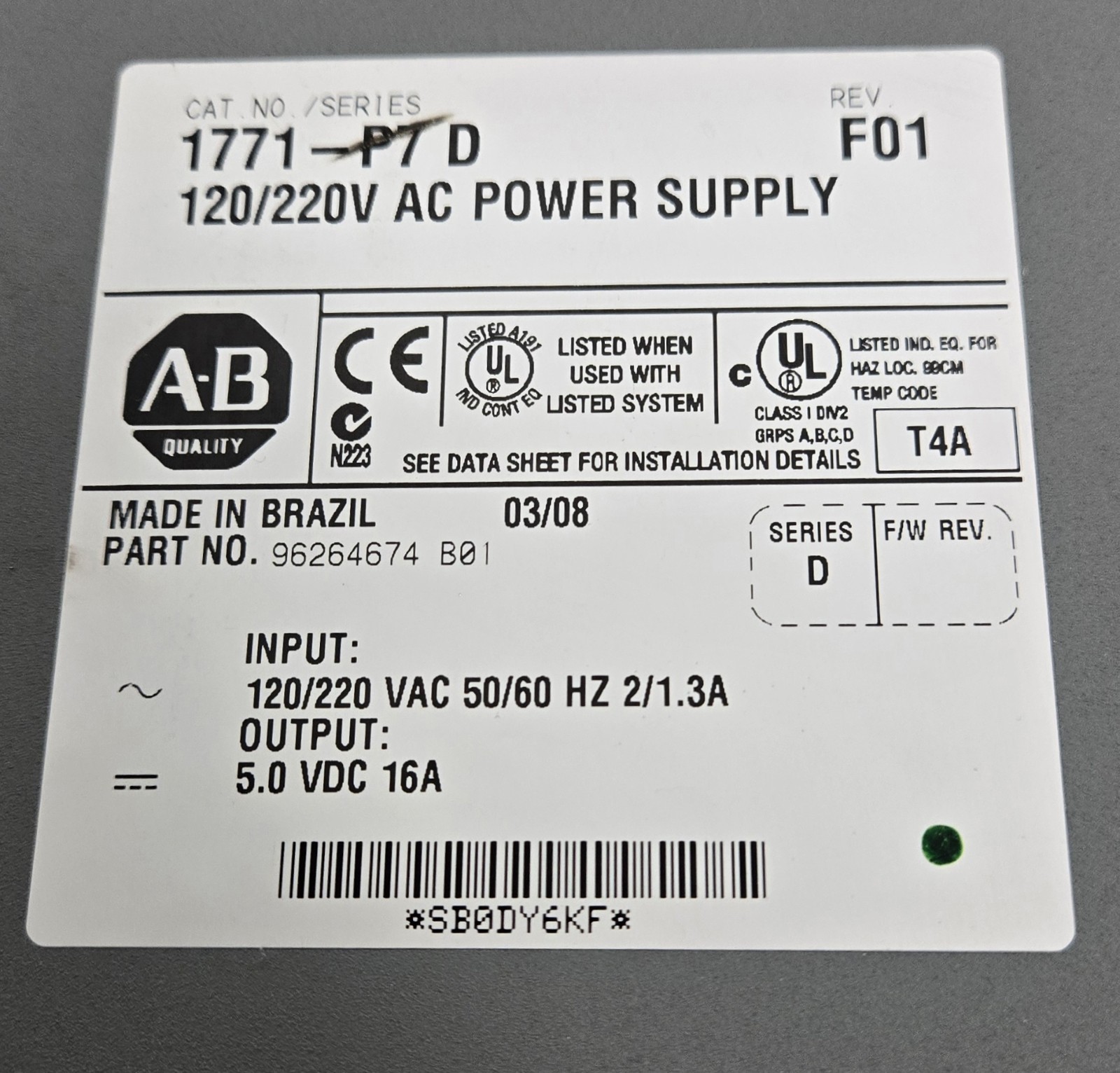 ALLEN BRADLEY POWER SUPPLY 1771-P7 D.