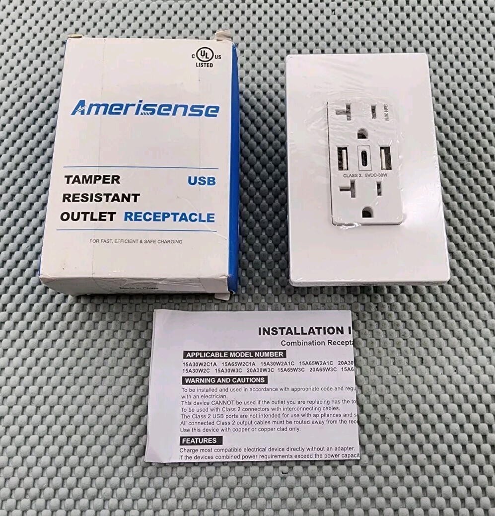 Amerisense GaN 30W 6Amp 3-Port USB Wall Outlet, 15 Amp Tamper-Resistant Recep...