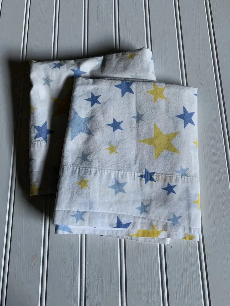 The Company Store Kids Pillowcases Blue Yellow Stars Cotton PAIR Standard FUN!