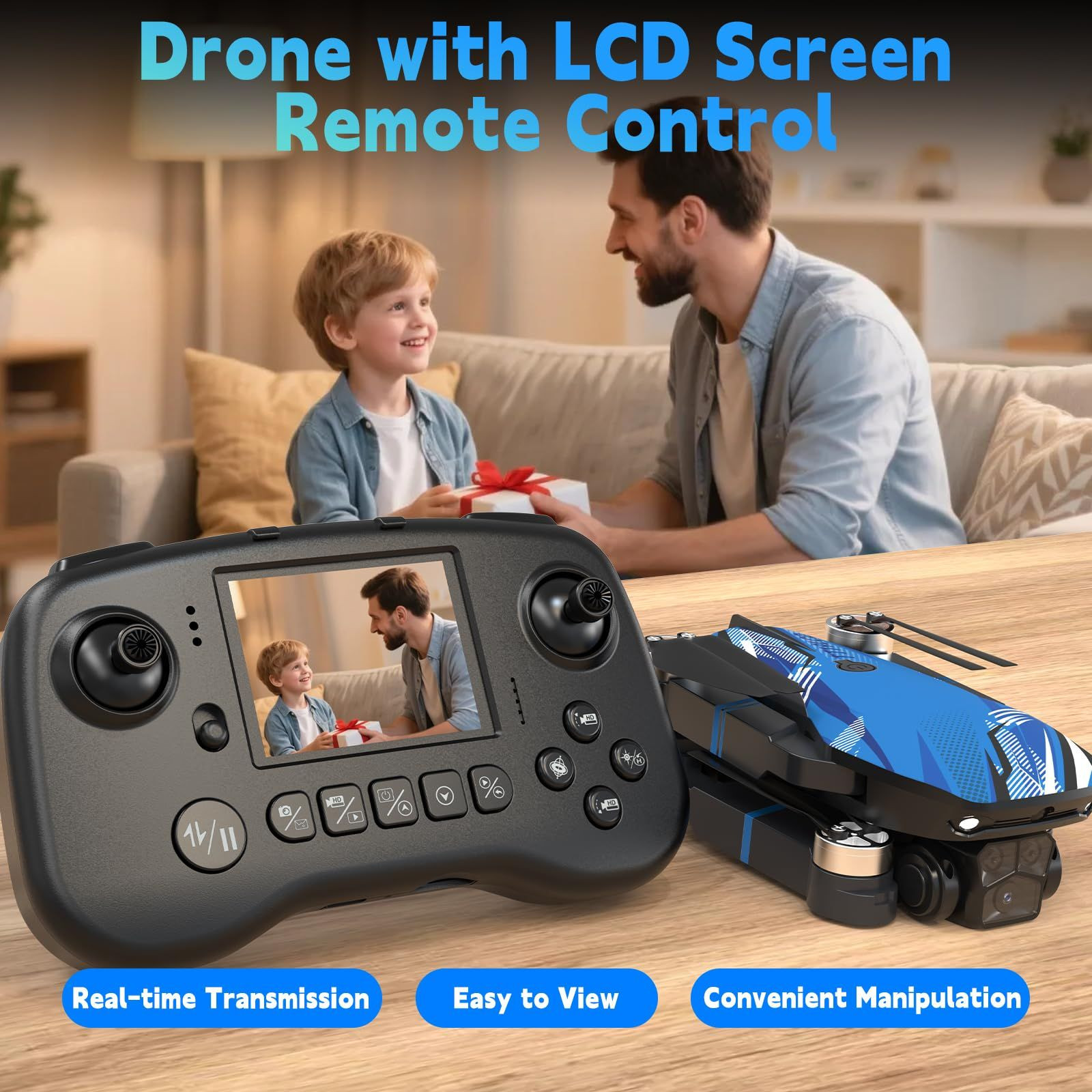 Drone with Camera for Adults LCD Screen FPV SJ sharp（RC a Screen）, Blue