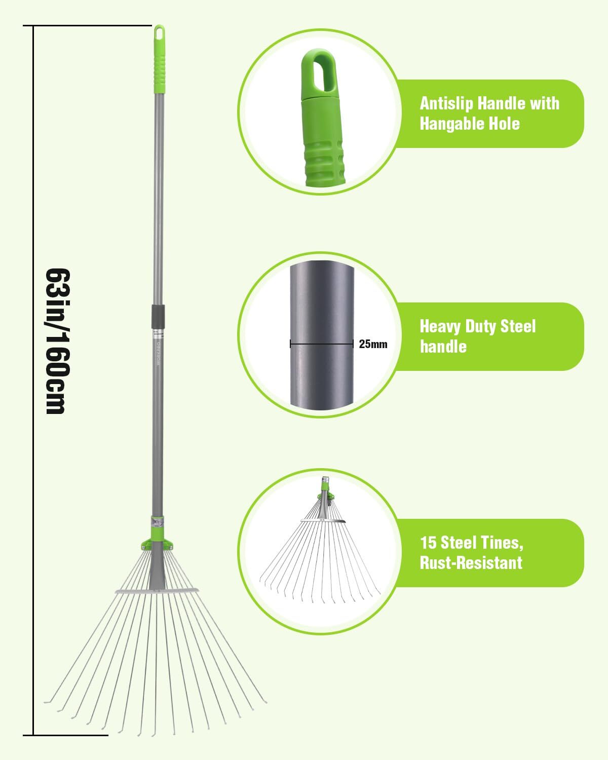 WORKPRO Adjustable Metal Garden Rake Collapsible & Telescopic Long Handle 32-63"