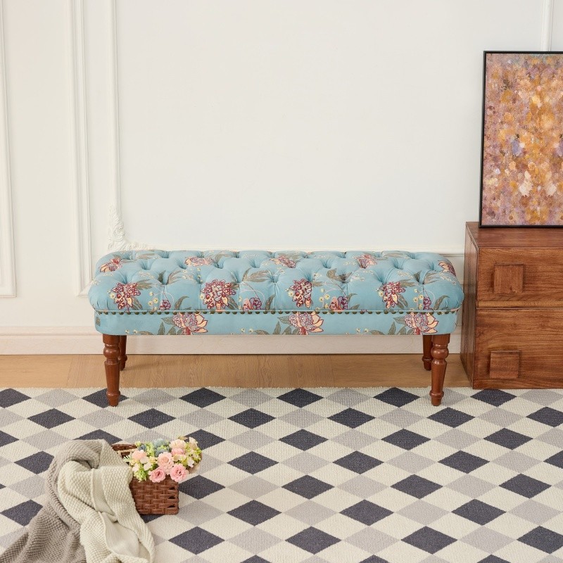 Classic Upholstered Button-Tufted Entryway Bench Ottoman with Turned Wood Legs