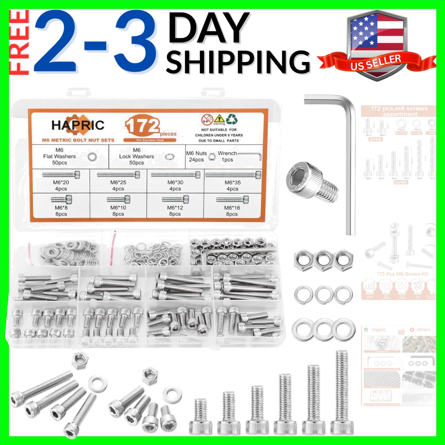 172 Pcs M6 Screws Assortment Kit, M6x 8/10/12/16/20/25/30/35mm M6 Bolts Kit, ...