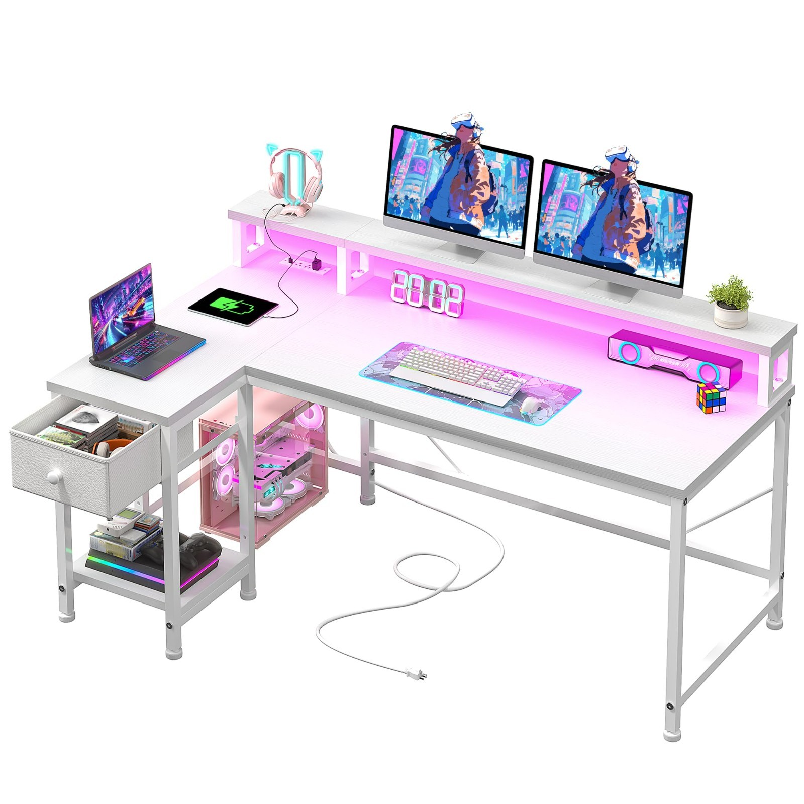 Study Table Office 40 inch L Shaped Computer Desk w/ Drawers & LED Lights,White