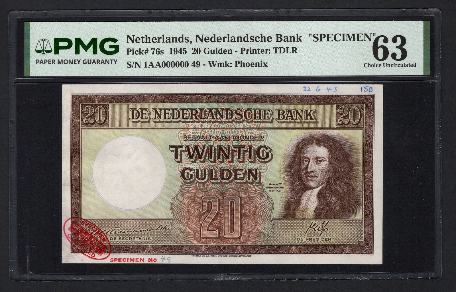 Netherlands 20 Gulden 1945 P76s "Specimen" Uncirculated Grade 63