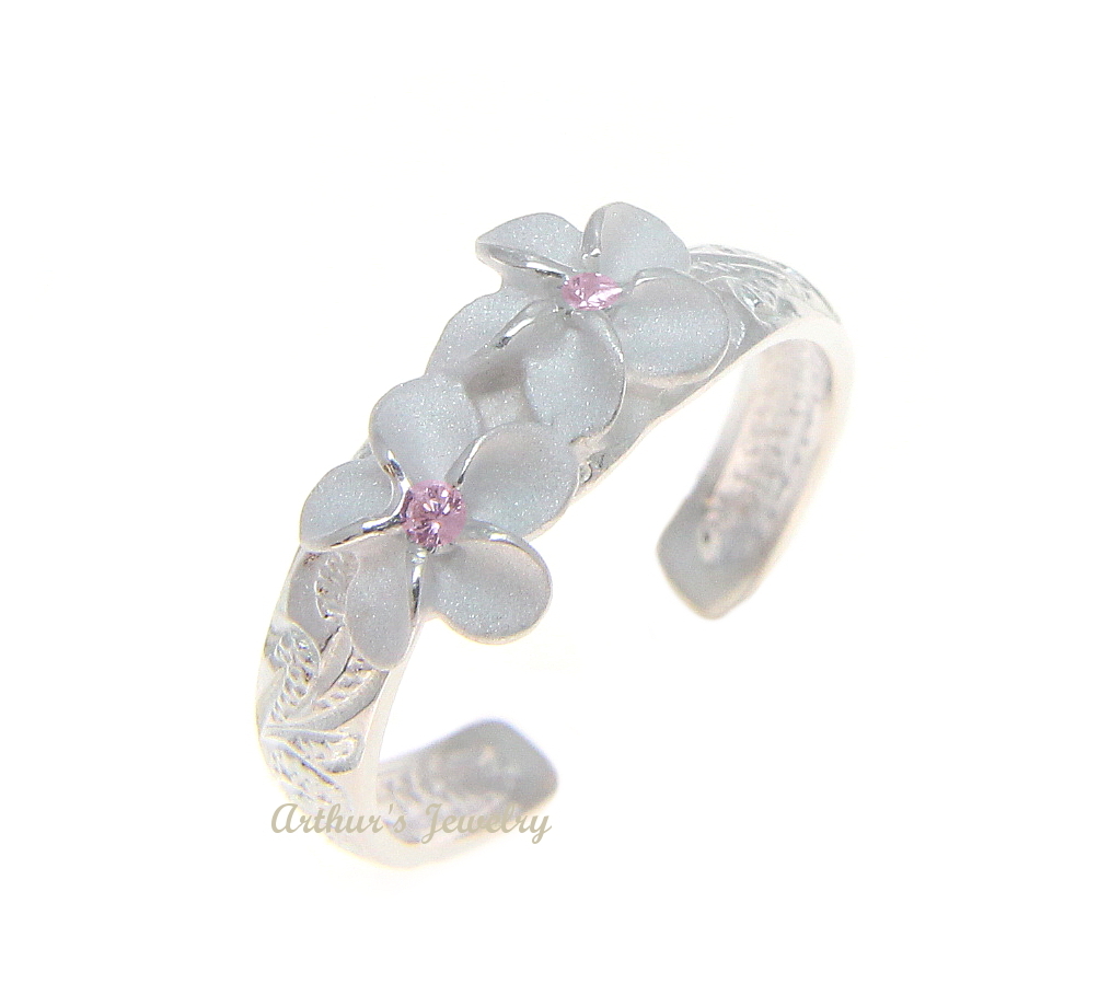 STERLING SILVER 925 HAWAIIAN 2 PLUMERIA FLOWER SCROLL TOE RING PINK CZ