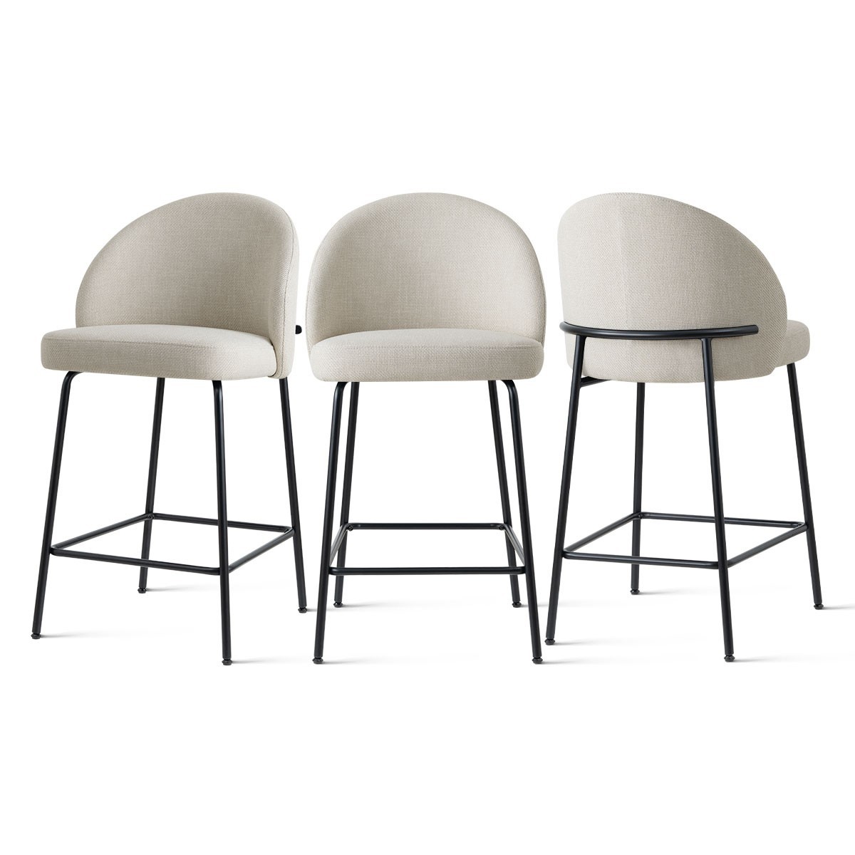 Set of 3 Modern Counter Height Upholstered Bar Stools W/ Sculptural Curved Back