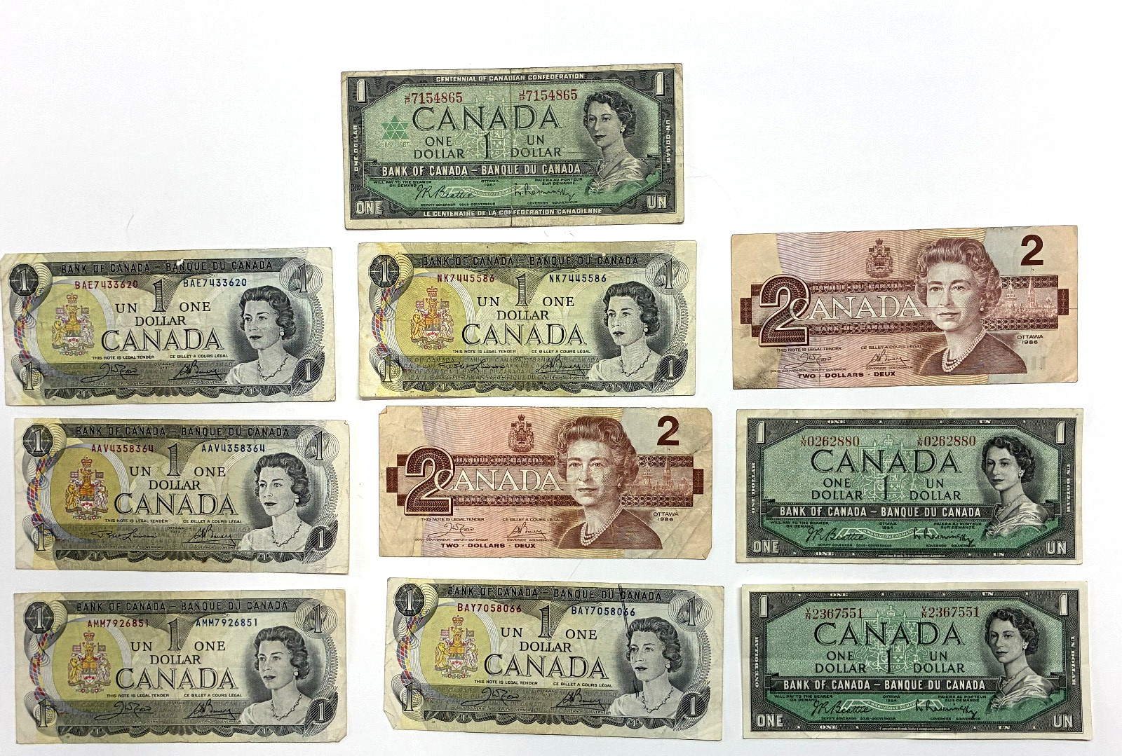 10 Lot Bank Of Canada 1& 2 Dollar Banknote mostly 1950,60,70 Canadian Currency