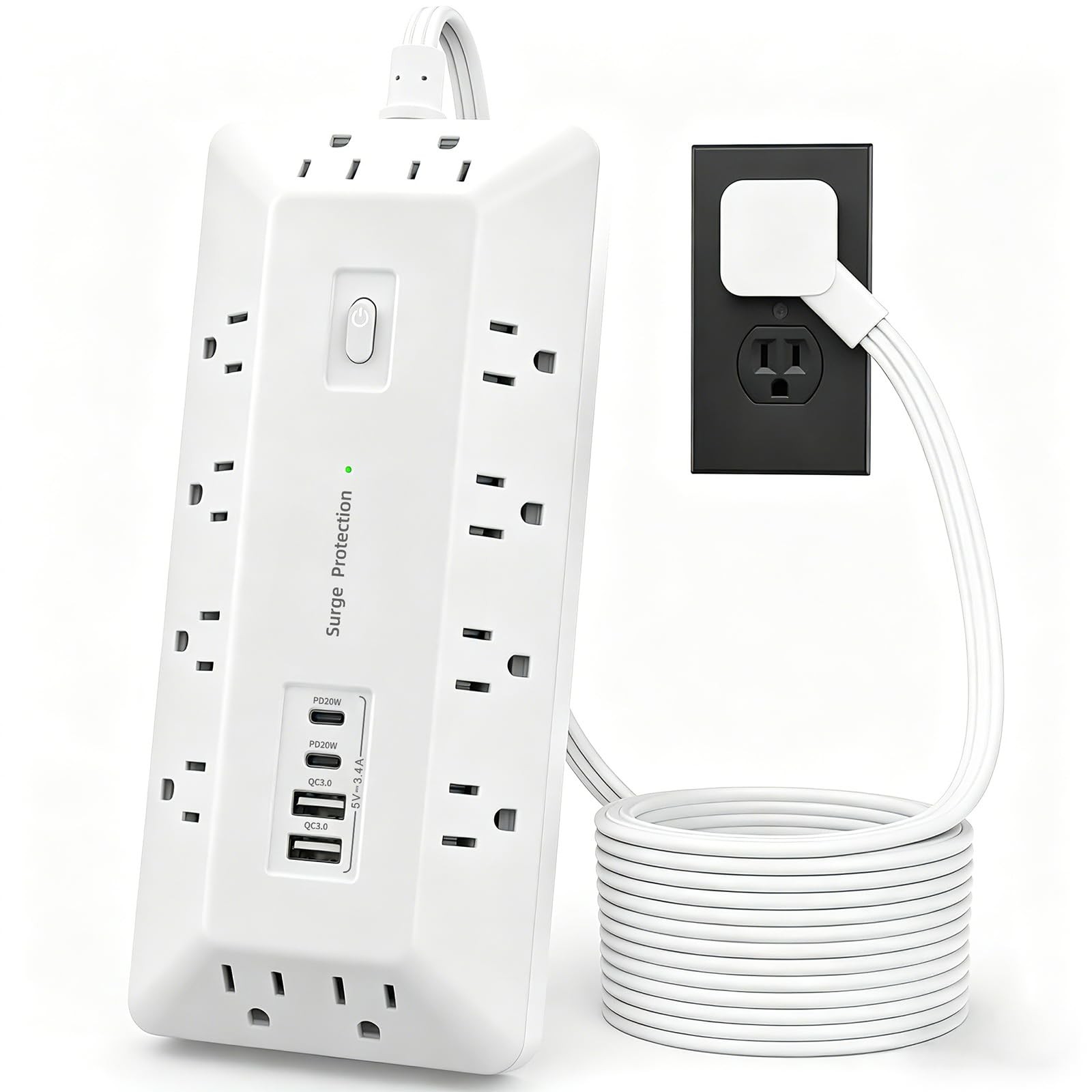 6 Ft Surge Protector Power Strip with 1800J, Extension Cord with Multiple Out
