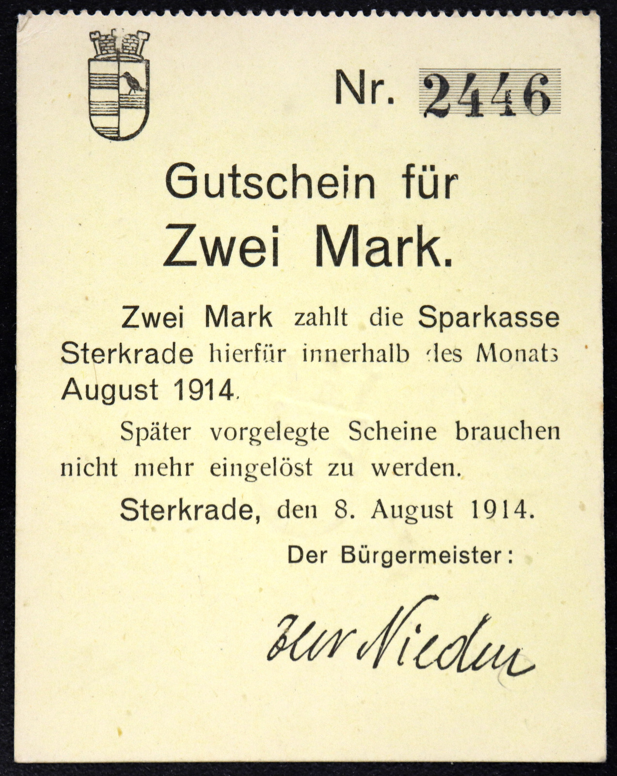 STERKRADE 1914 2 Mark w/Raised Seal Early WWI German Notgeld