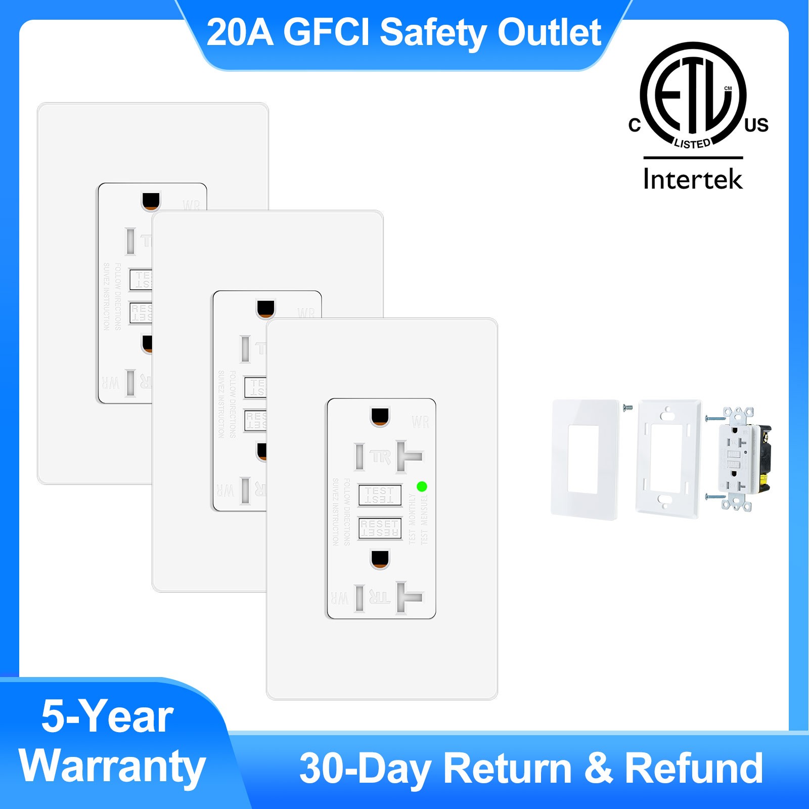 GFI GFCI Outlet 20Amp Tamper-Resistant Weather Resistant Duplex Receptacle, 3PK