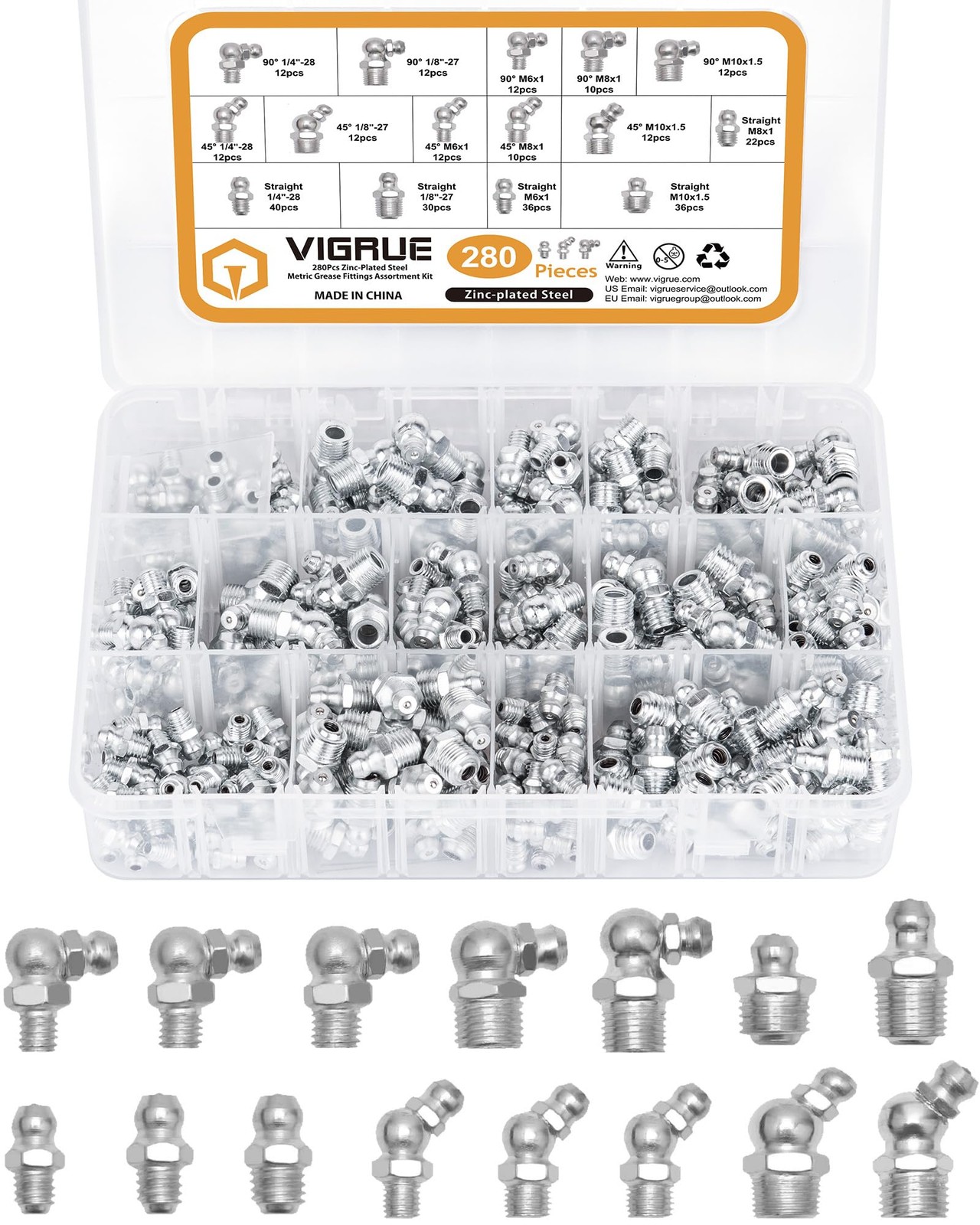 280Pcs Grease Fittings Kit 1/428 1/827 M6 M8 M10 SAE & Metric Zerk Grease Fit...