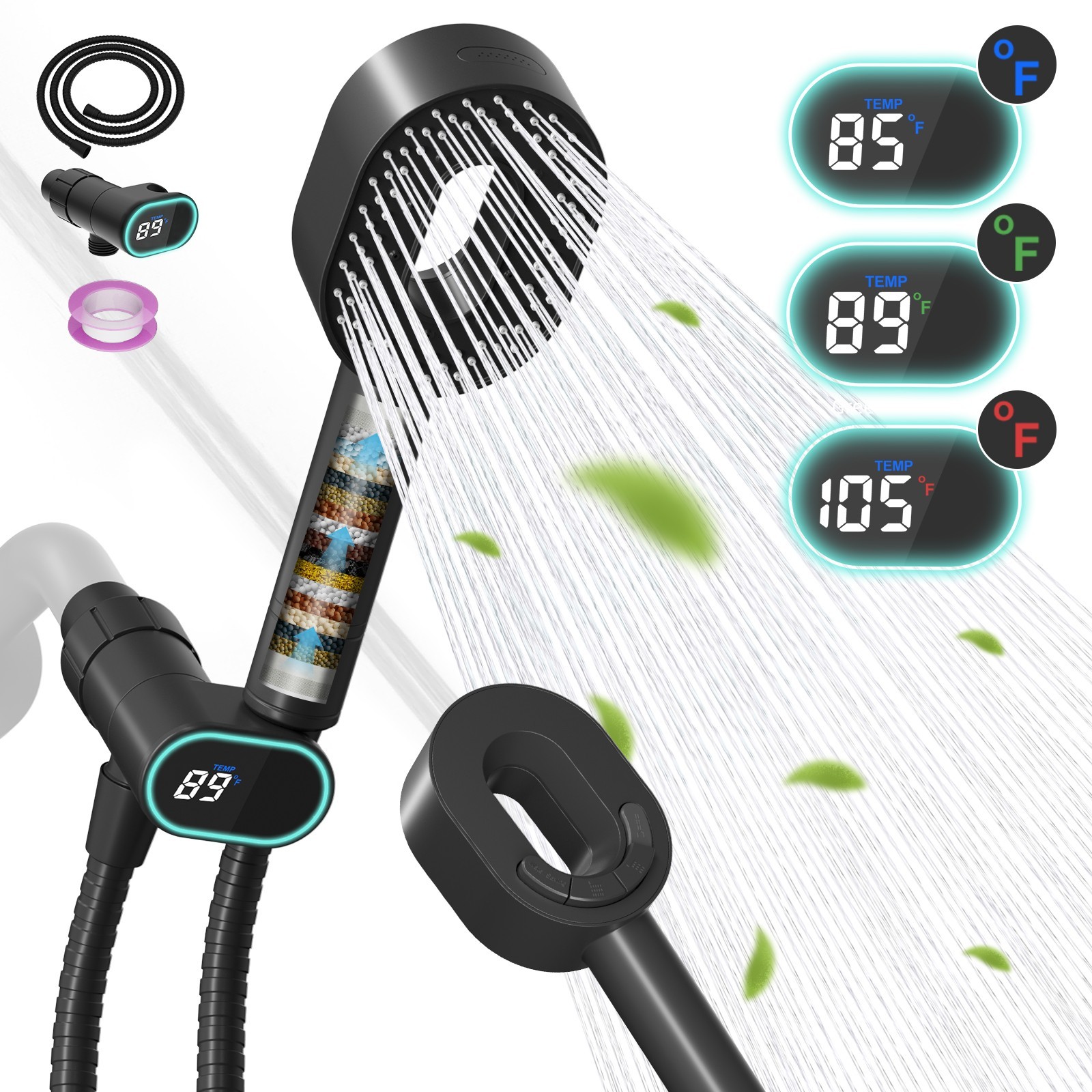 Hibbent Home Filtered High Pressure Shower Head Combo Handheld Spray LED Display