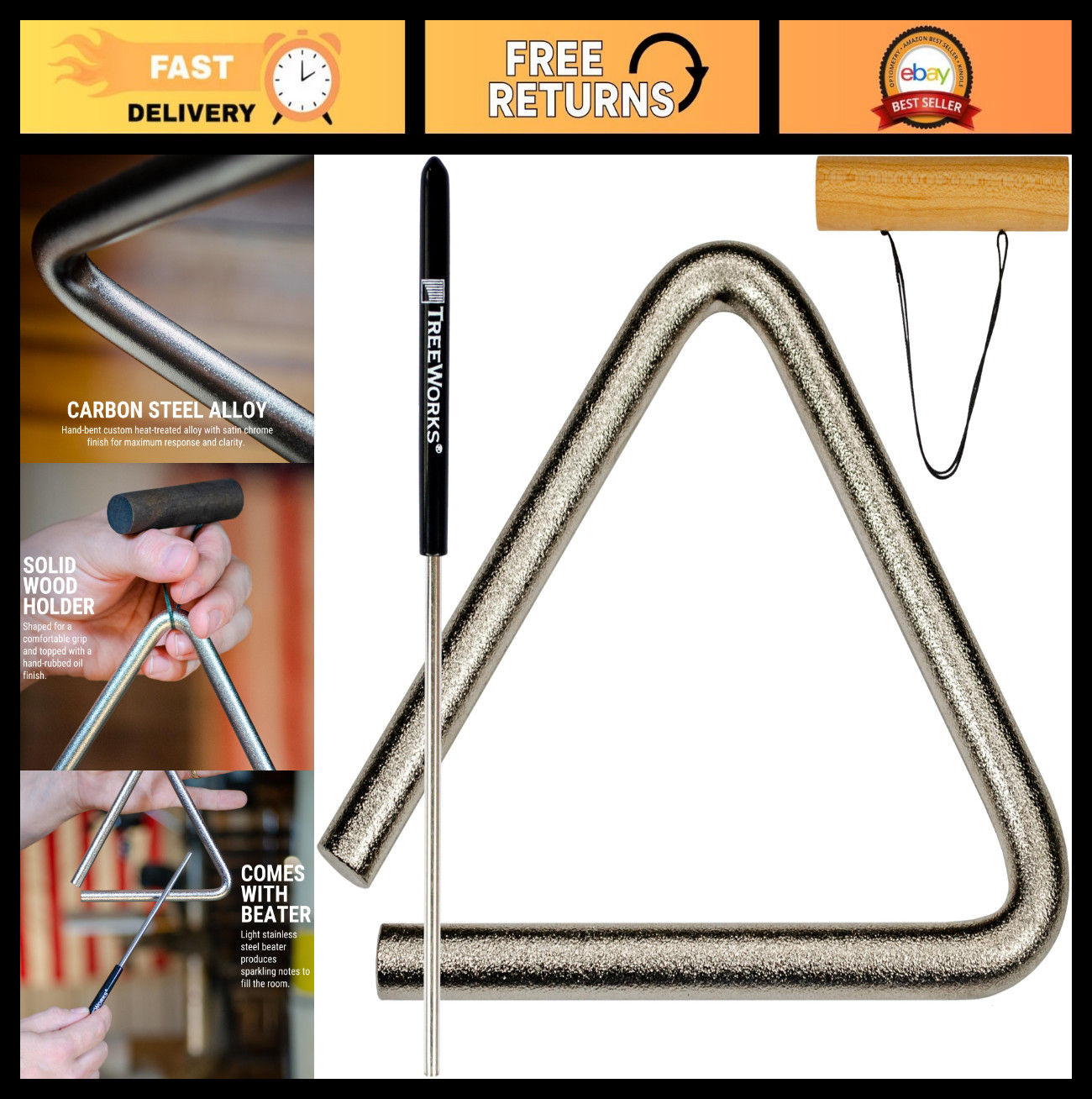 4" Triangle Percussion Chimes - Professional Musical Instrument with Beater & Ho