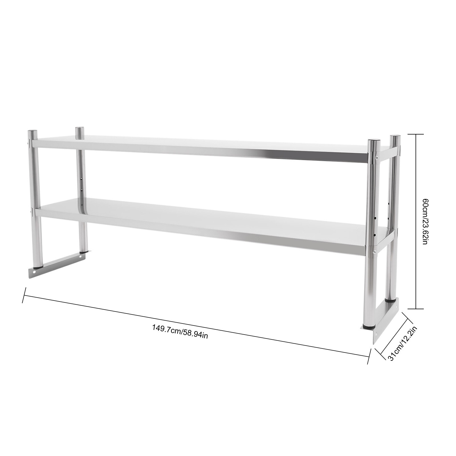 12* 60 in 2 Tier Stainless Steel Silver Adjustable Rectangular Storage Shelf