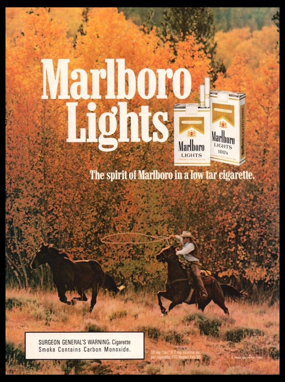 1985 Marlboro Lights-cigarette print ad-mini poster-Cowboy Hat,Man,Horses 1980s
