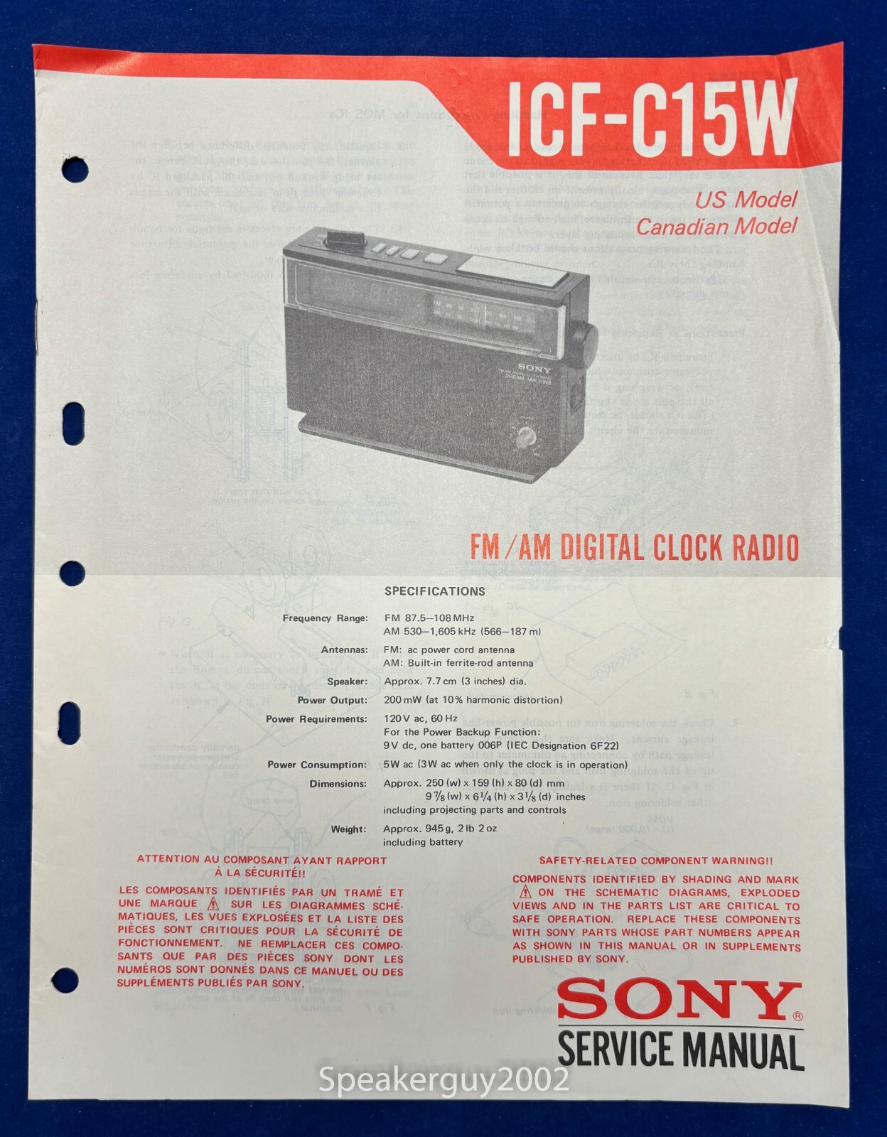 Original Sony ICF-C15W Clock Radio Service Manual