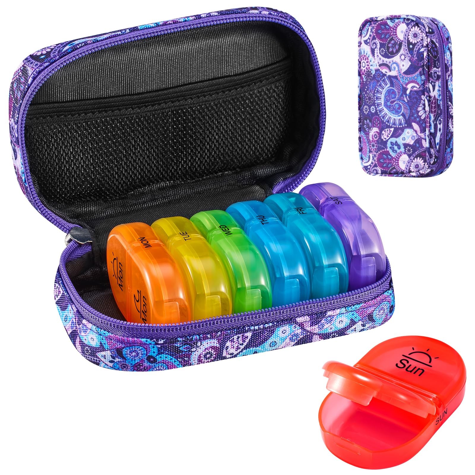 Weekly Travel Organizer 2 Times A Day AM PM Upgraded Rainbow 7 Day with Porta...