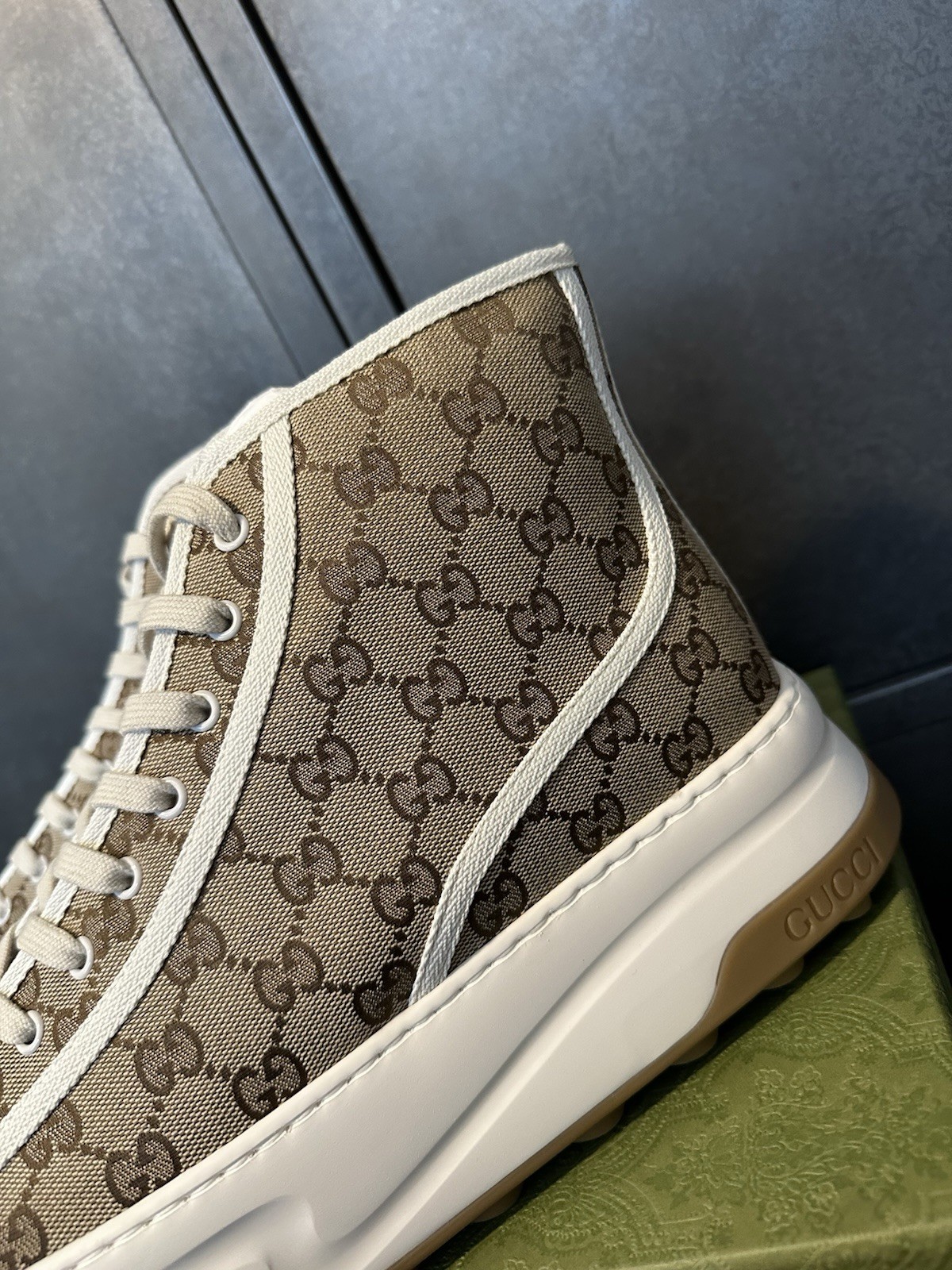 Gucci Mens Tennis 1977 High Top Brown GG Supreme Monogram Size 14.5UK/15.5US
