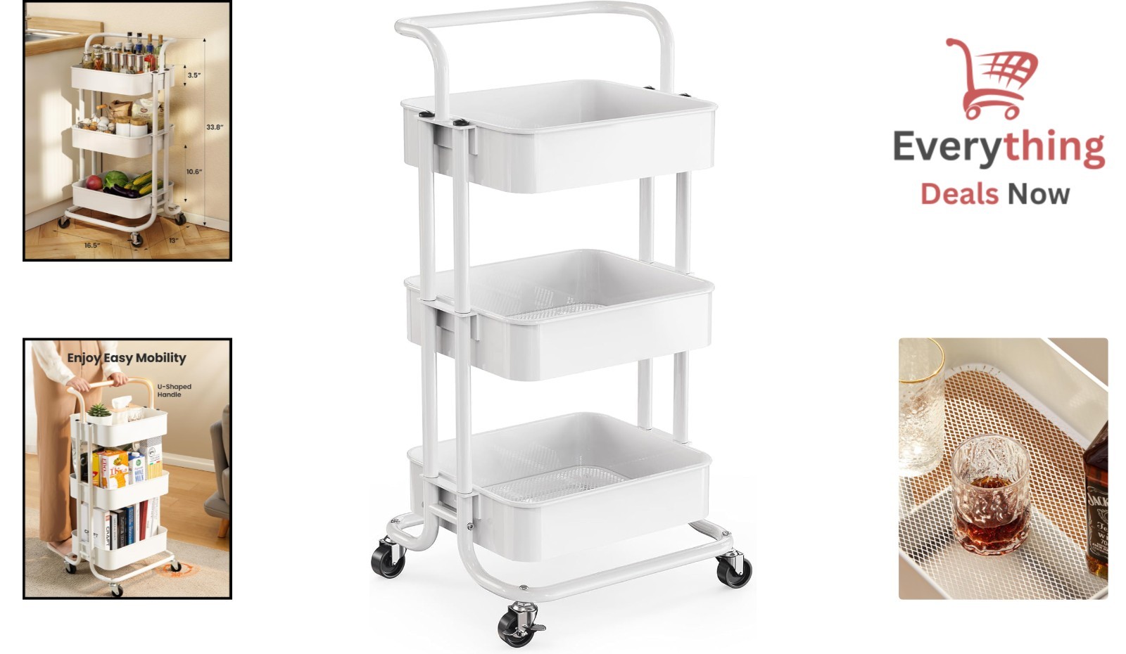 3 Tier Rolling Utility Cart with Lockable Wheels - Metal Organization Solution