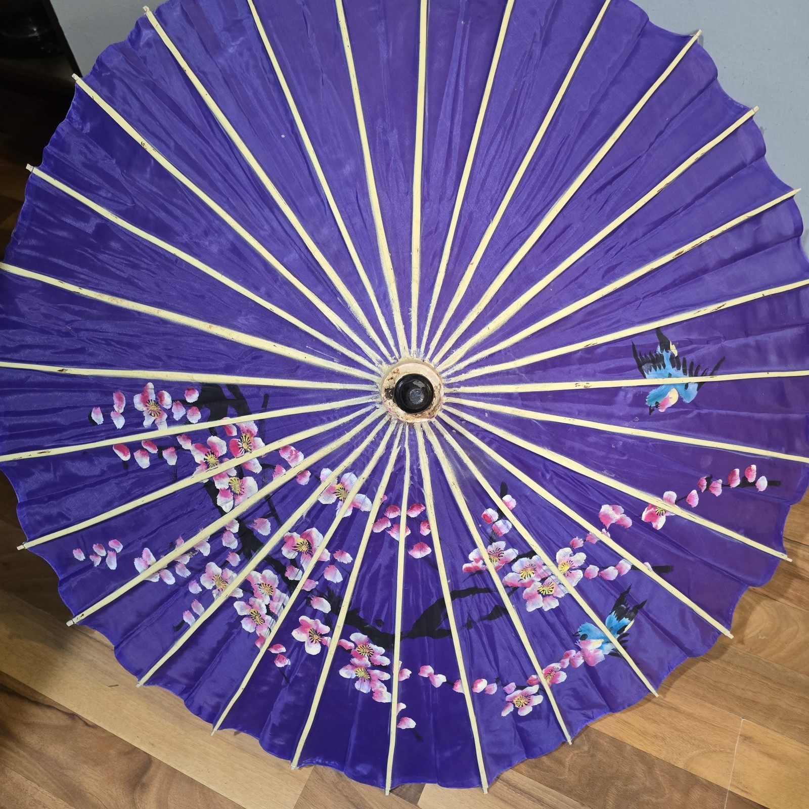 Floral Parasol Umbrella Womens One Size Purple Cherry Blossom Birds Print