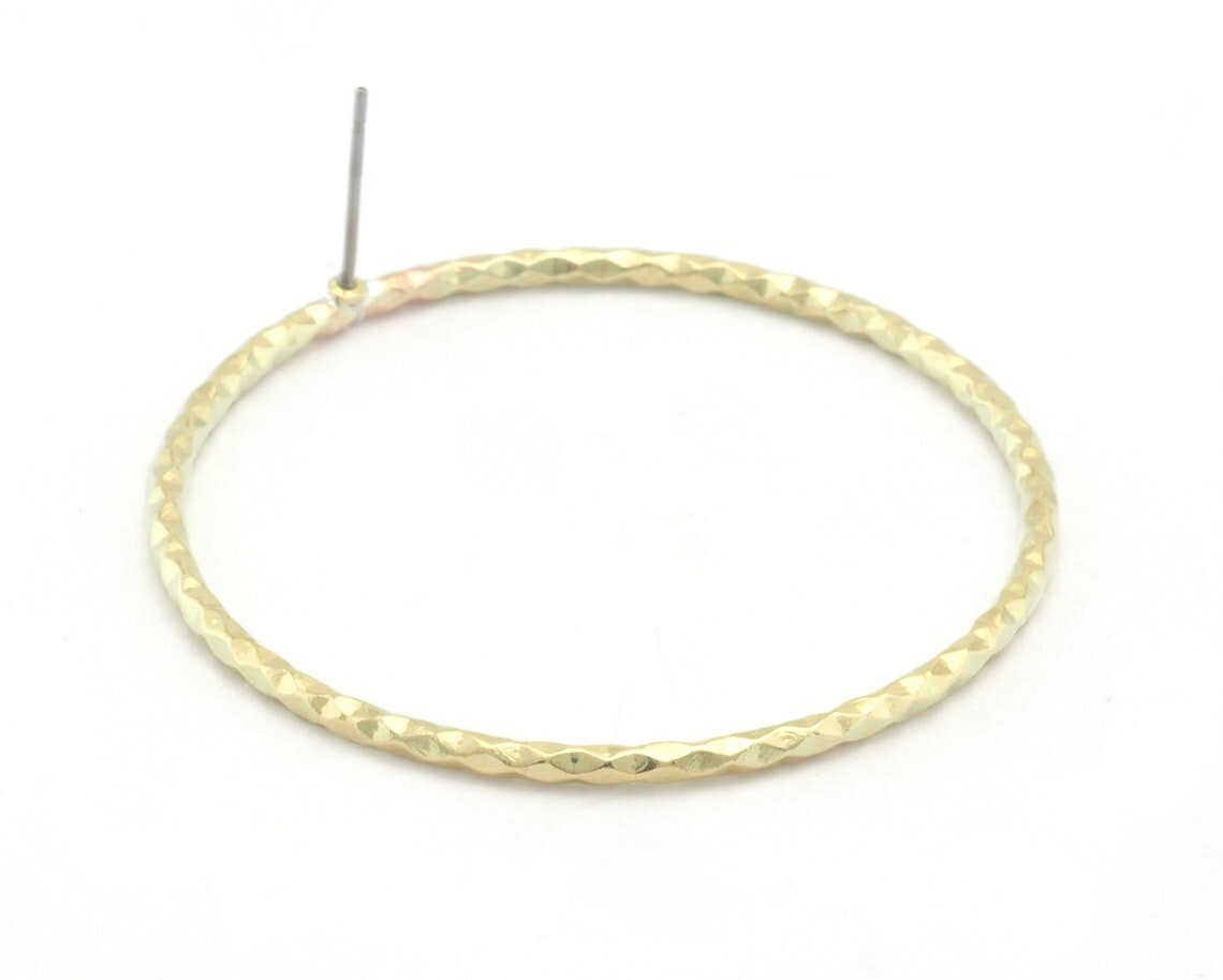 1 pair Big Circle Hoop Textured Earrings Base Stud, Raw brass , 46mm 4602