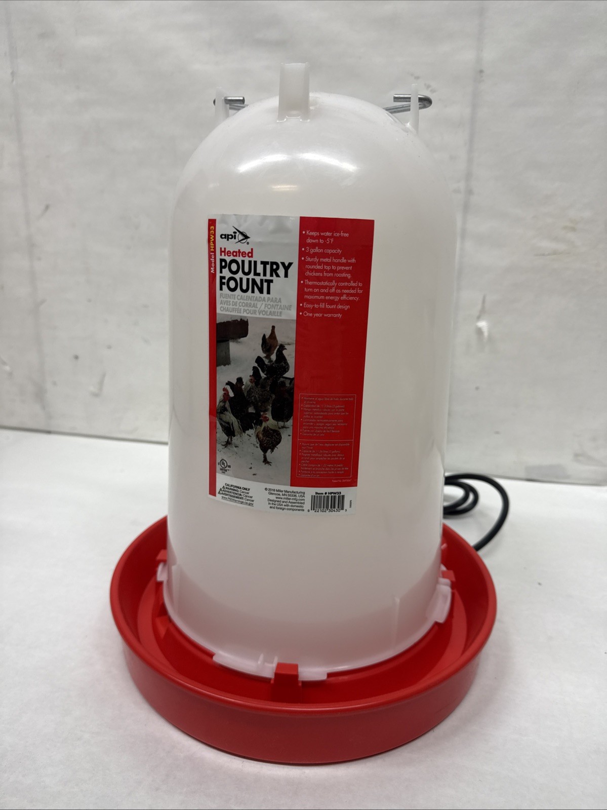 API HPW33 3 Gallon Heated Poultry Chicken Waterer Drinking Water Tank Trough