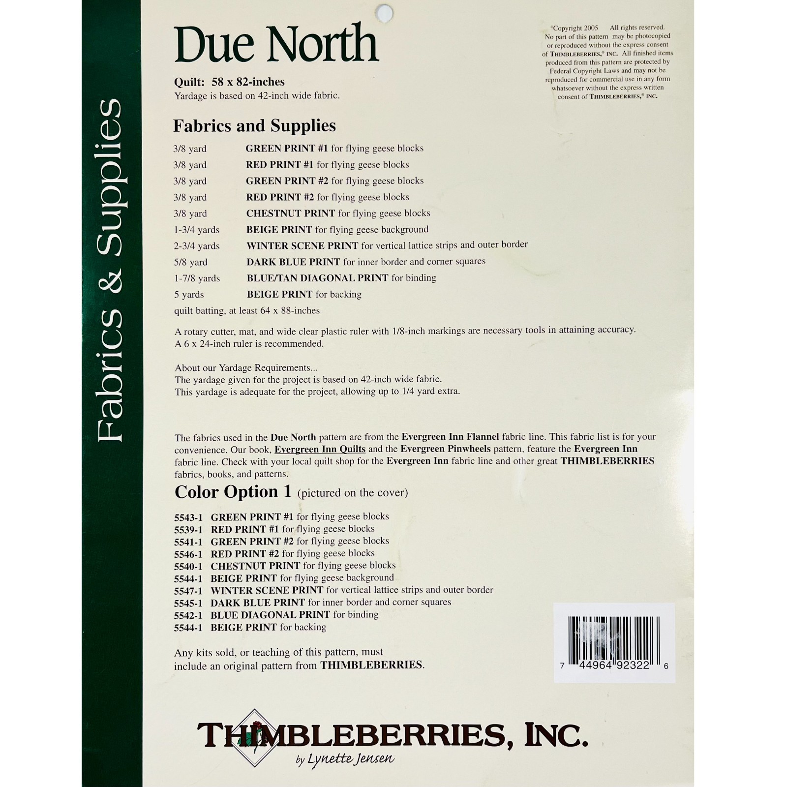 Due North Quilt Pattern LJ92322 Thimbleberries by Lynette Jensen, 2005