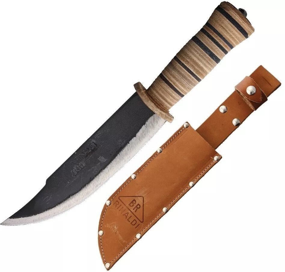 BR Rinaldi Hunter's Fixed Knife Spring Steel Blade Stacked Leather Handle BRR240